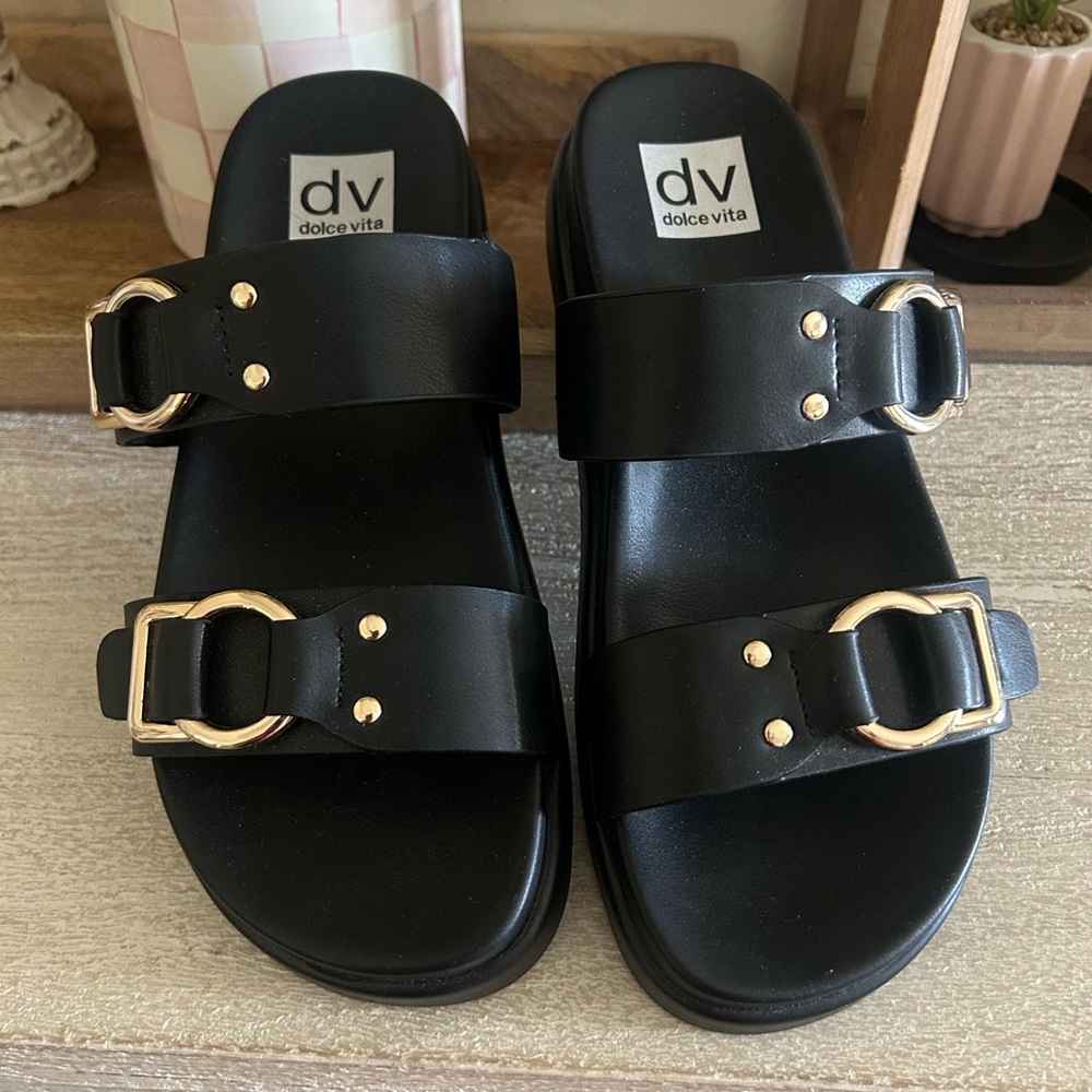 Dolce Vita Black Sandals with Gold Buckles